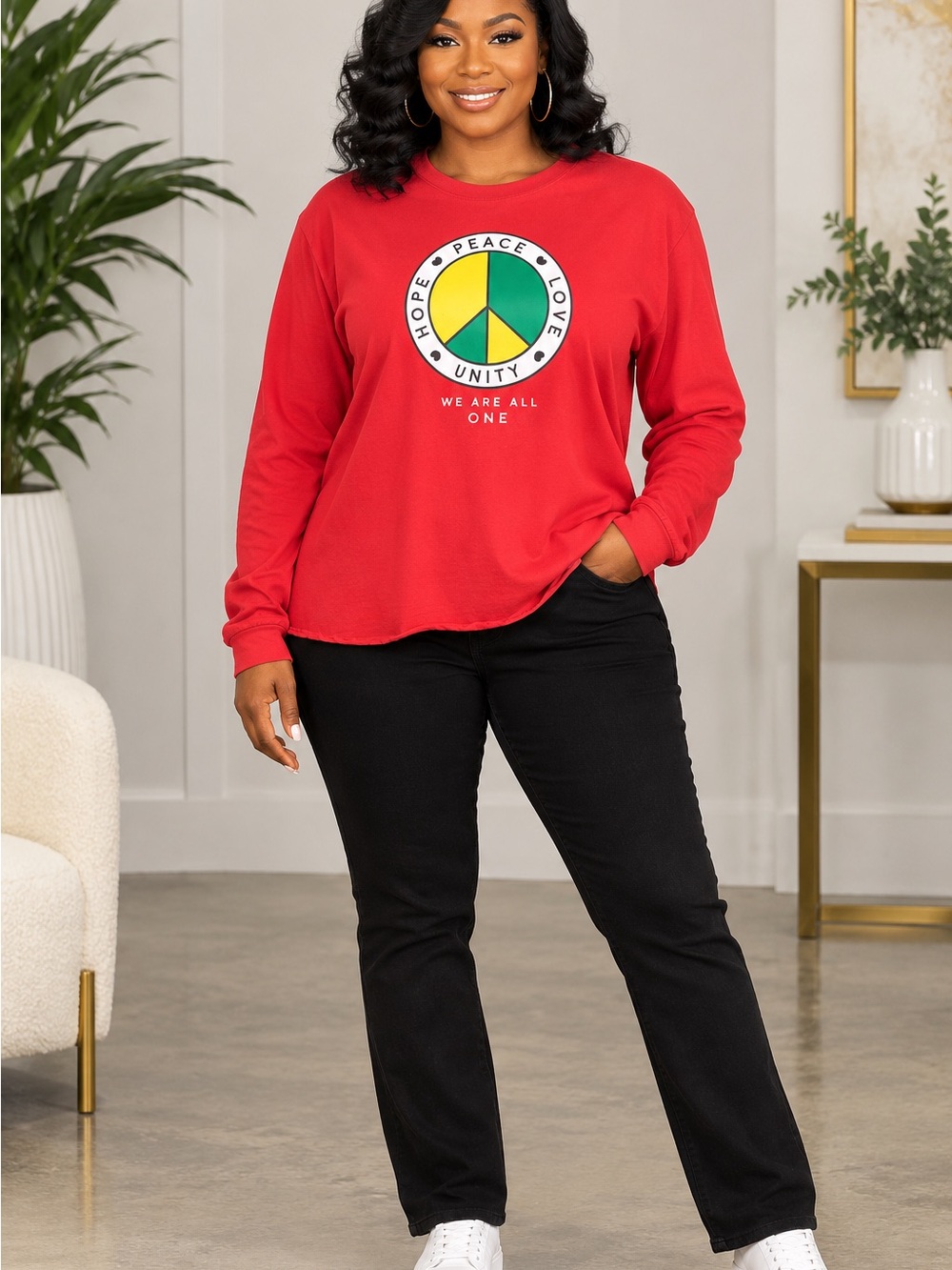 Peace Unity Graphic Long-Sleeve Tee - Red